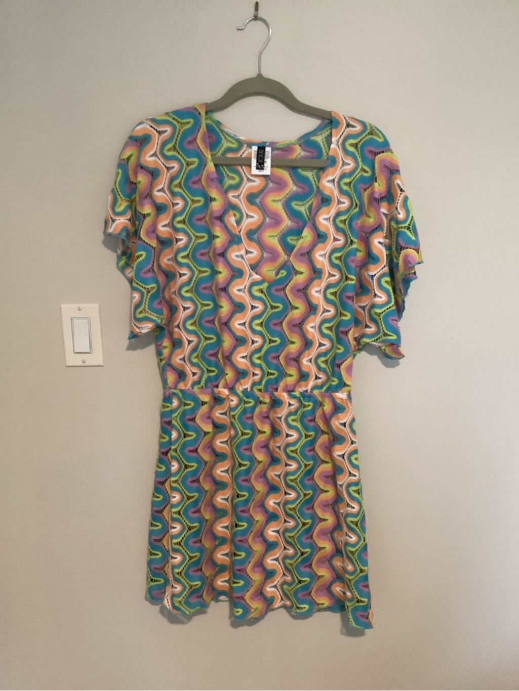 Cover Up By Becca -Multicolor Wave-Print Mini Dress - Teal, Pink, Yellow